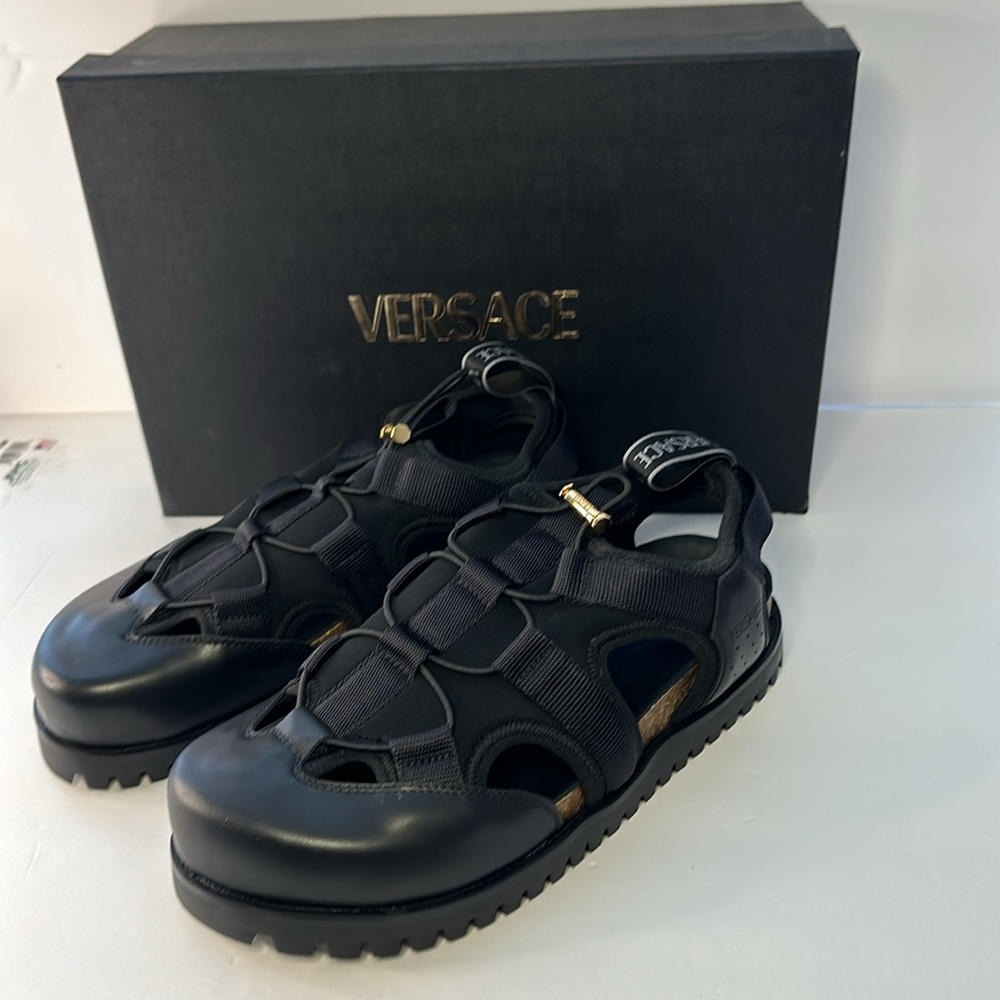 New Authentic Versace logo-debossed caged sandals